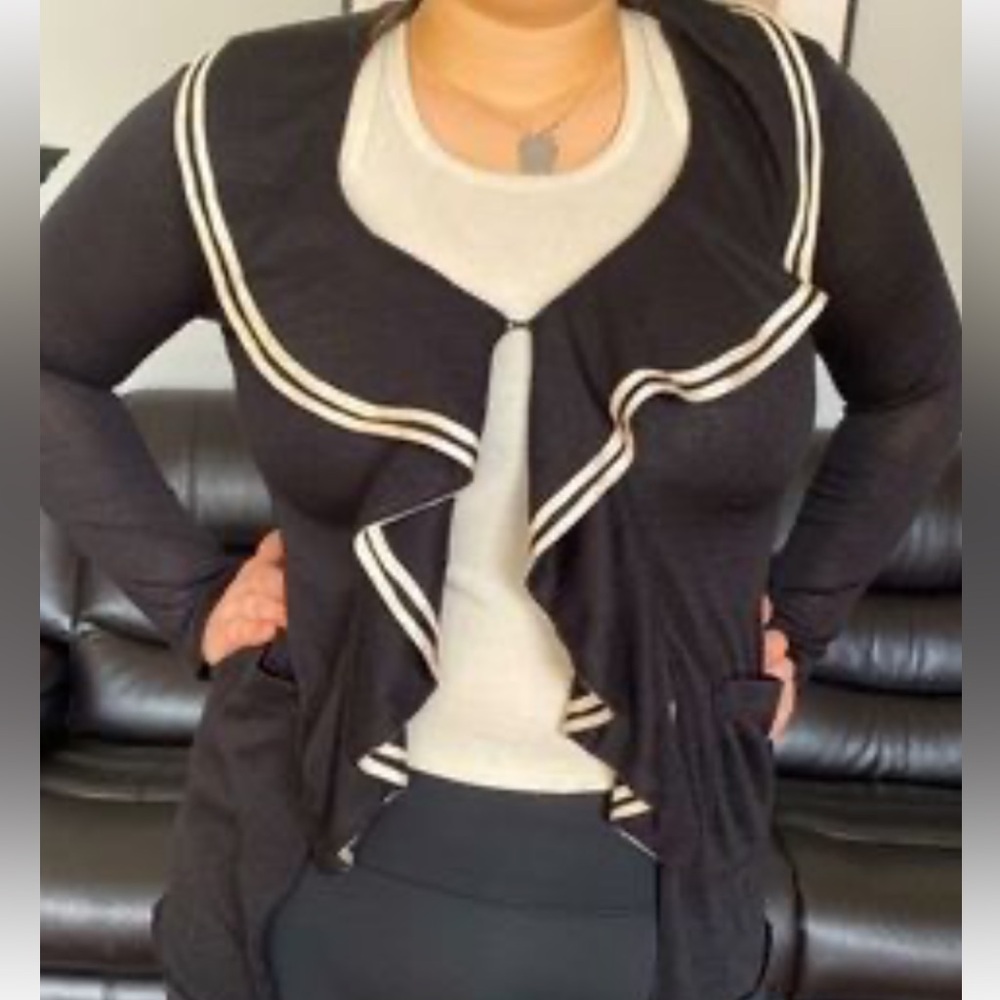 #64 Dusak Black Ruffle Cascading Cardigan Sweater XS